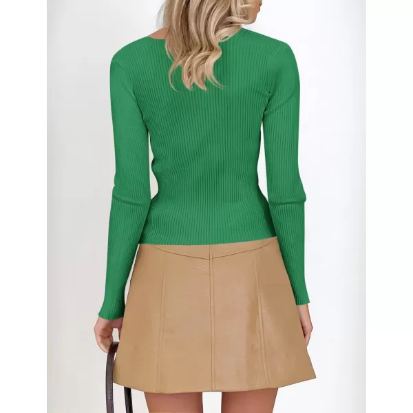 ZESICA Womens 2024 Long Sleeve Square Neck T Shirts Slim Fitted Elegant Fall Ribbed Knit Casual Tee TopsGreen