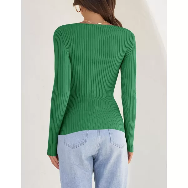 ZESICA Womens 2024 Long Sleeve Square Neck T Shirts Slim Fitted Elegant Fall Ribbed Knit Casual Tee TopsGreen