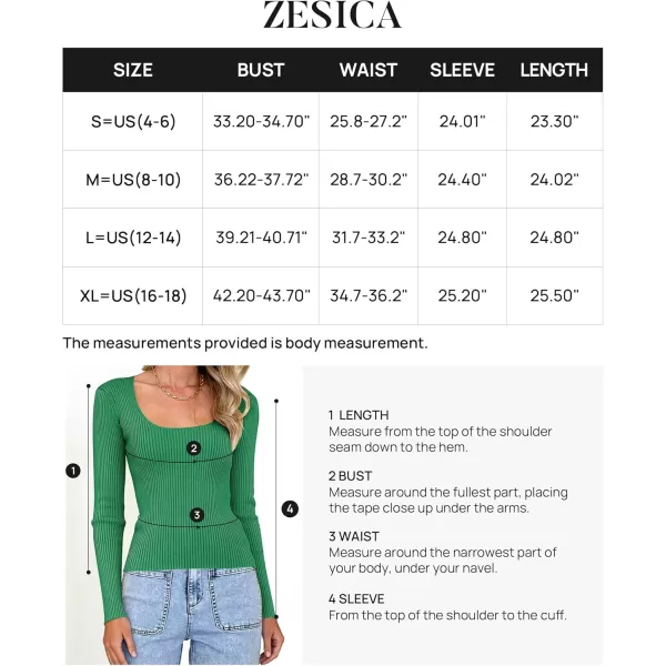 ZESICA Womens 2024 Long Sleeve Square Neck T Shirts Slim Fitted Elegant Fall Ribbed Knit Casual Tee TopsGreen