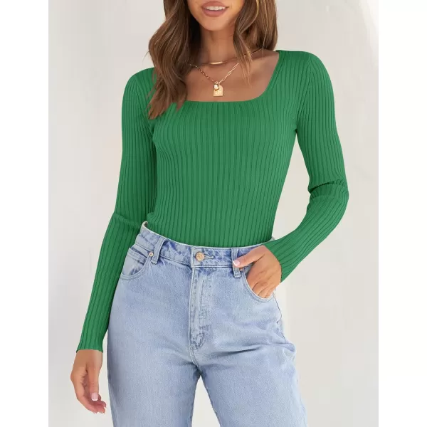 ZESICA Womens 2024 Long Sleeve Square Neck T Shirts Slim Fitted Elegant Fall Ribbed Knit Casual Tee TopsGreen