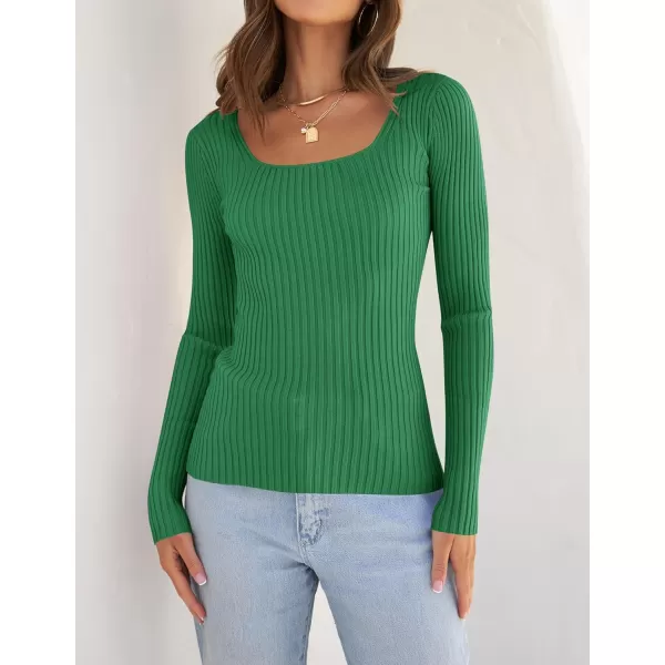 ZESICA Womens 2024 Long Sleeve Square Neck T Shirts Slim Fitted Elegant Fall Ribbed Knit Casual Tee TopsGreen