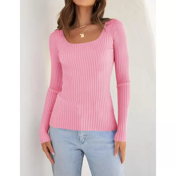 ZESICA Womens 2024 Long Sleeve Square Neck T Shirts Slim Fitted Elegant Fall Ribbed Knit Casual Tee TopsHotpink