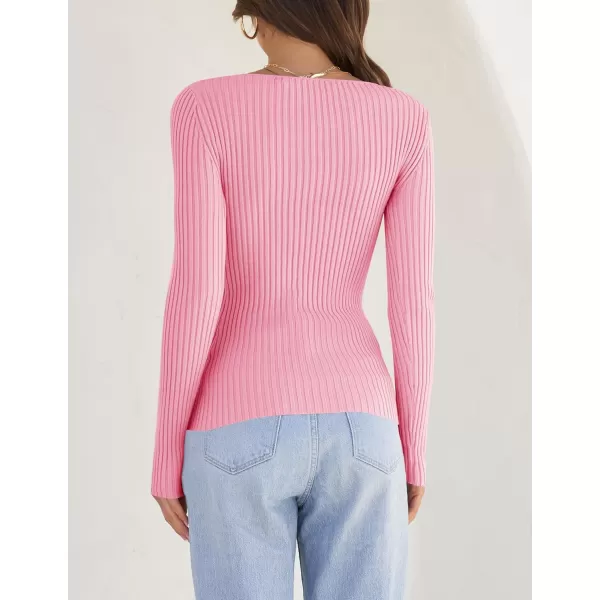 ZESICA Womens 2024 Long Sleeve Square Neck T Shirts Slim Fitted Elegant Fall Ribbed Knit Casual Tee TopsHotpink