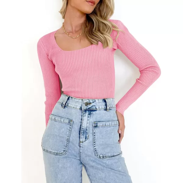 ZESICA Womens 2024 Long Sleeve Square Neck T Shirts Slim Fitted Elegant Fall Ribbed Knit Casual Tee TopsHotpink