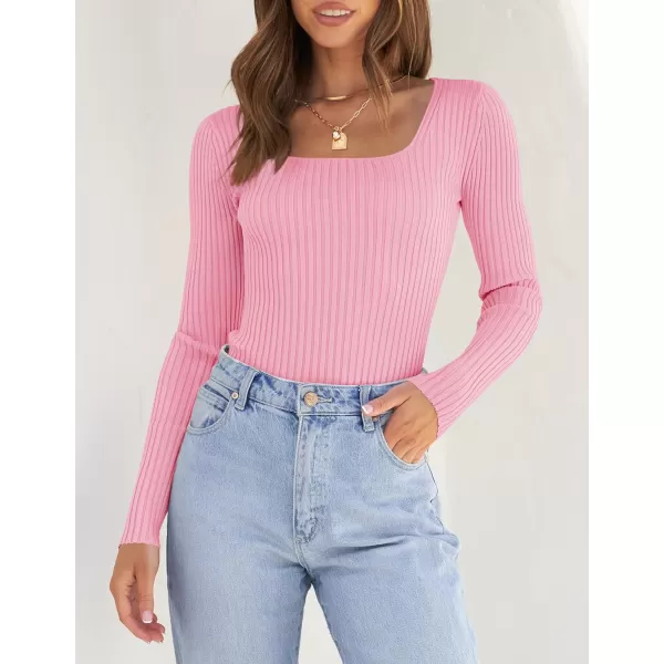 ZESICA Womens 2024 Long Sleeve Square Neck T Shirts Slim Fitted Elegant Fall Ribbed Knit Casual Tee TopsHotpink