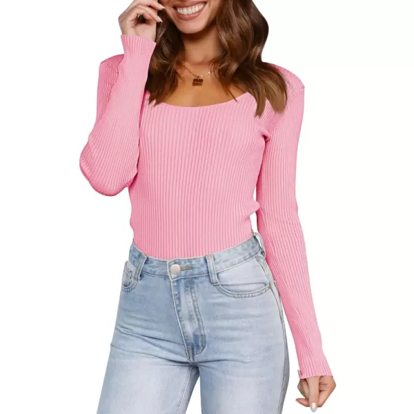 ZESICA Womens 2024 Long Sleeve Square Neck T Shirts Slim Fitted Elegant Fall Ribbed Knit Casual Tee TopsHotpink