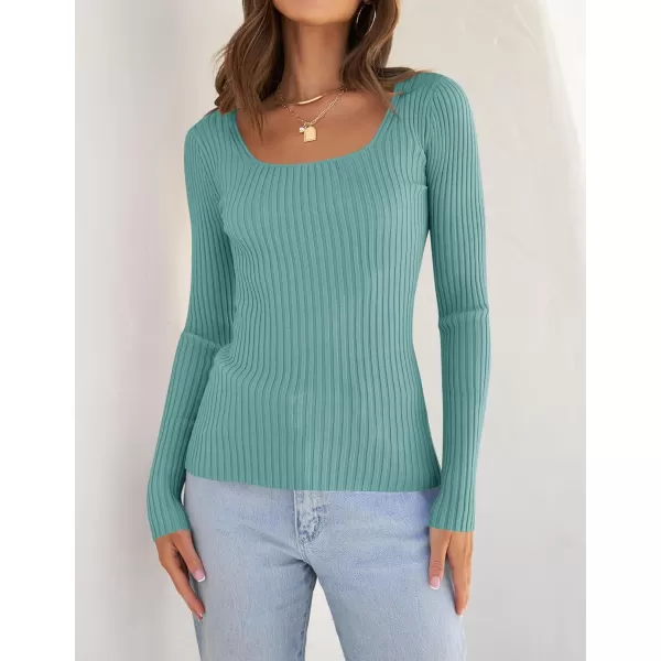 ZESICA Womens 2024 Long Sleeve Square Neck T Shirts Slim Fitted Elegant Fall Ribbed Knit Casual Tee TopsMint