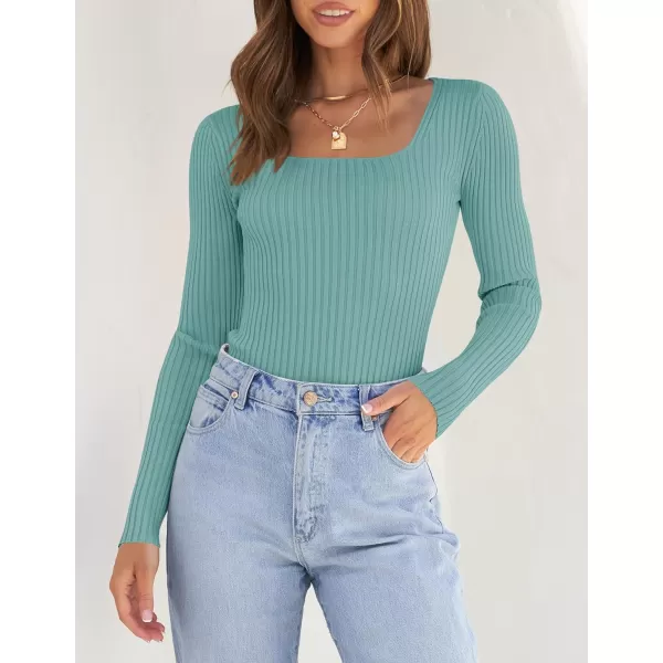 ZESICA Womens 2024 Long Sleeve Square Neck T Shirts Slim Fitted Elegant Fall Ribbed Knit Casual Tee TopsMint