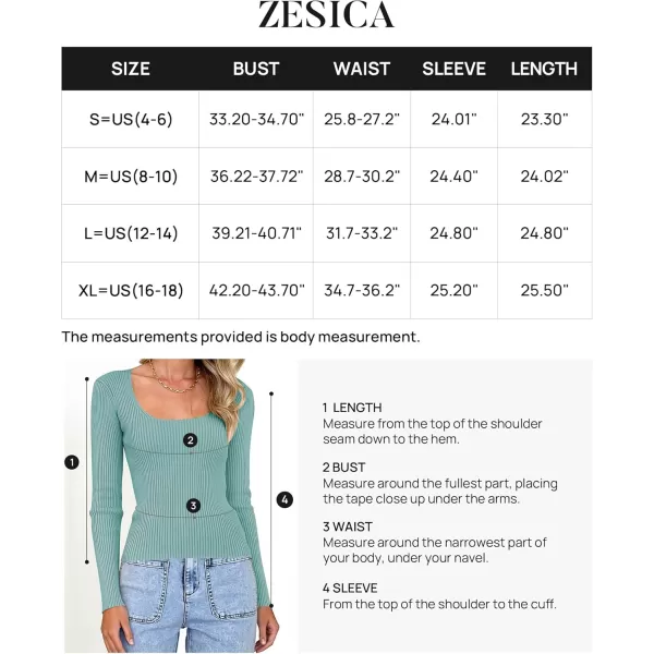 ZESICA Womens 2024 Long Sleeve Square Neck T Shirts Slim Fitted Elegant Fall Ribbed Knit Casual Tee TopsMint