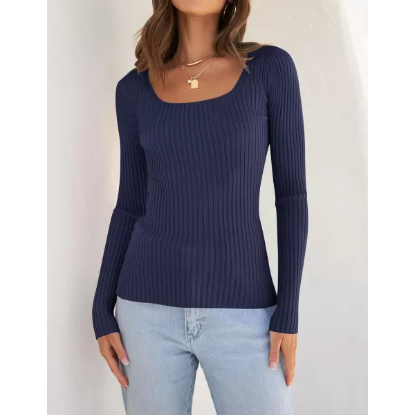 ZESICA Womens 2024 Long Sleeve Square Neck T Shirts Slim Fitted Elegant Fall Ribbed Knit Casual Tee TopsNavy