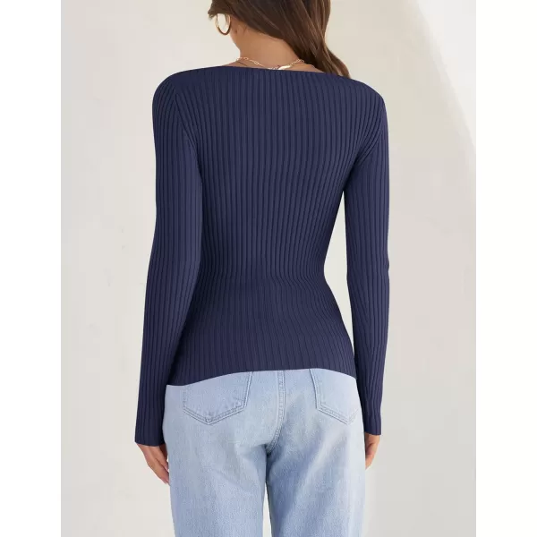ZESICA Womens 2024 Long Sleeve Square Neck T Shirts Slim Fitted Elegant Fall Ribbed Knit Casual Tee TopsNavy