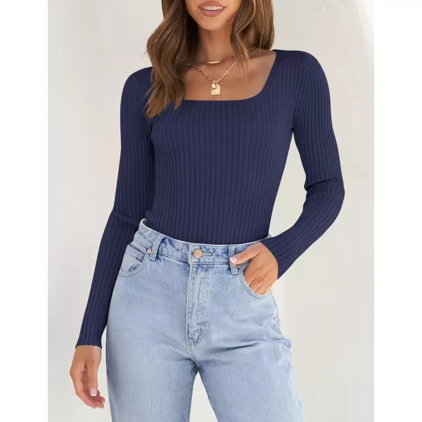 ZESICA Womens 2024 Long Sleeve Square Neck T Shirts Slim Fitted Elegant Fall Ribbed Knit Casual Tee TopsNavy