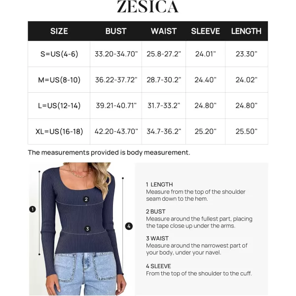 ZESICA Womens 2024 Long Sleeve Square Neck T Shirts Slim Fitted Elegant Fall Ribbed Knit Casual Tee TopsNavy