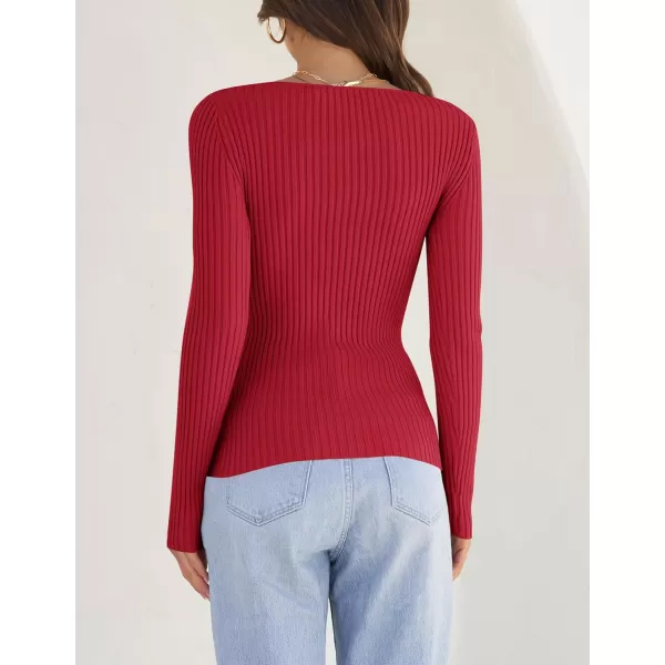 ZESICA Womens 2024 Long Sleeve Square Neck T Shirts Slim Fitted Elegant Fall Ribbed Knit Casual Tee TopsRed