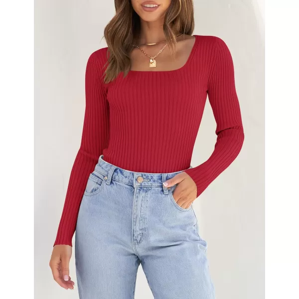 ZESICA Womens 2024 Long Sleeve Square Neck T Shirts Slim Fitted Elegant Fall Ribbed Knit Casual Tee TopsRed
