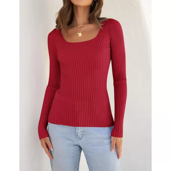 ZESICA Womens 2024 Long Sleeve Square Neck T Shirts Slim Fitted Elegant Fall Ribbed Knit Casual Tee TopsRed