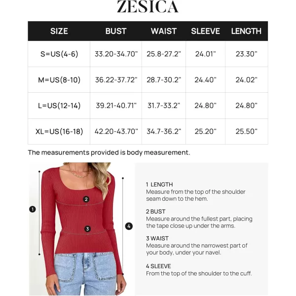 ZESICA Womens 2024 Long Sleeve Square Neck T Shirts Slim Fitted Elegant Fall Ribbed Knit Casual Tee TopsRed