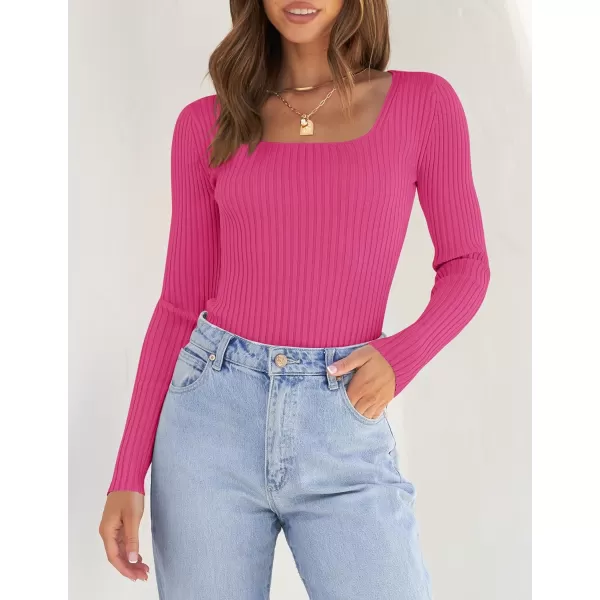 ZESICA Womens 2024 Long Sleeve Square Neck T Shirts Slim Fitted Elegant Fall Ribbed Knit Casual Tee TopsRose
