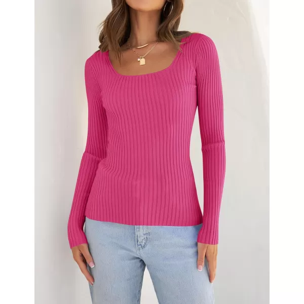 ZESICA Womens 2024 Long Sleeve Square Neck T Shirts Slim Fitted Elegant Fall Ribbed Knit Casual Tee TopsRose