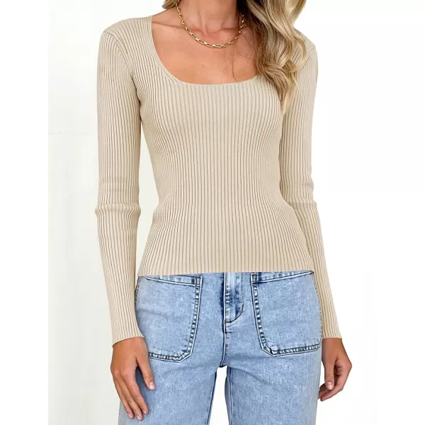 ZESICA Womens 2024 Long Sleeve Square Neck T Shirts Slim Fitted Elegant Fall Ribbed Knit Casual Tee TopsSand
