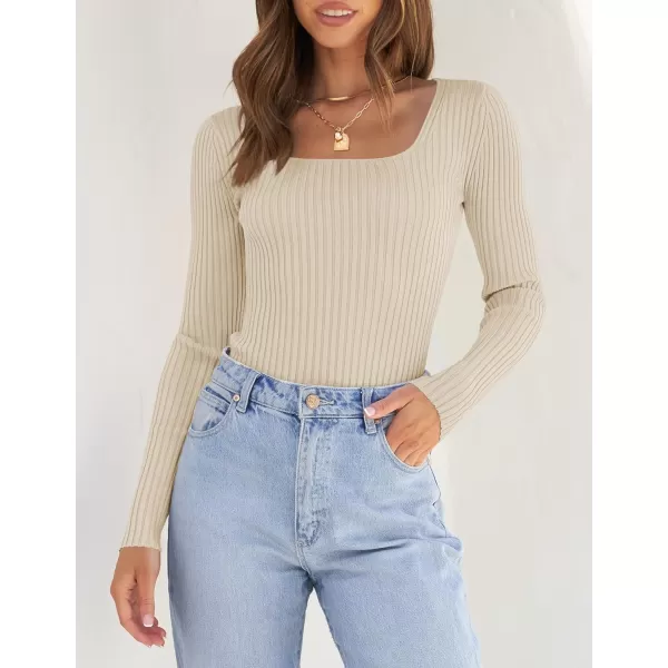ZESICA Womens 2024 Long Sleeve Square Neck T Shirts Slim Fitted Elegant Fall Ribbed Knit Casual Tee TopsSand