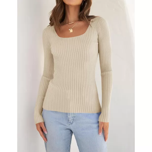 ZESICA Womens 2024 Long Sleeve Square Neck T Shirts Slim Fitted Elegant Fall Ribbed Knit Casual Tee TopsSand