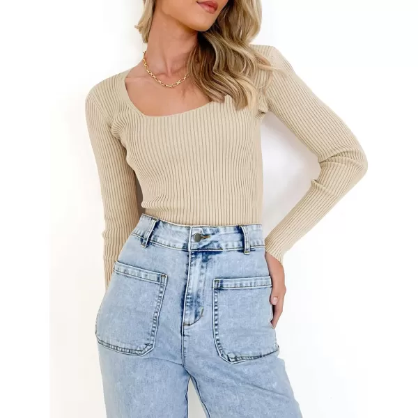 ZESICA Womens 2024 Long Sleeve Square Neck T Shirts Slim Fitted Elegant Fall Ribbed Knit Casual Tee TopsSand