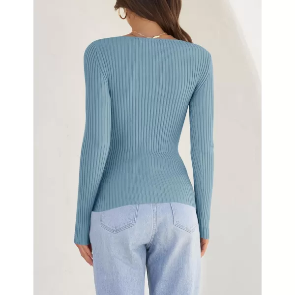ZESICA Womens 2024 Long Sleeve Square Neck T Shirts Slim Fitted Elegant Fall Ribbed Knit Casual Tee TopsSky