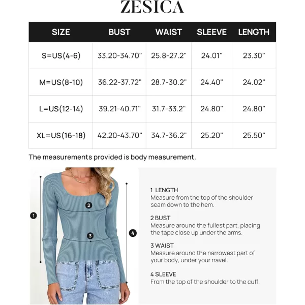 ZESICA Womens 2024 Long Sleeve Square Neck T Shirts Slim Fitted Elegant Fall Ribbed Knit Casual Tee TopsSky