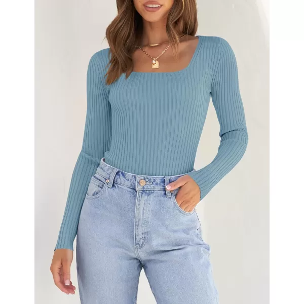 ZESICA Womens 2024 Long Sleeve Square Neck T Shirts Slim Fitted Elegant Fall Ribbed Knit Casual Tee TopsSky