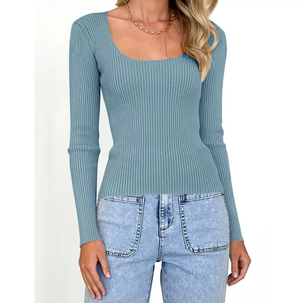 ZESICA Womens 2024 Long Sleeve Square Neck T Shirts Slim Fitted Elegant Fall Ribbed Knit Casual Tee TopsSky