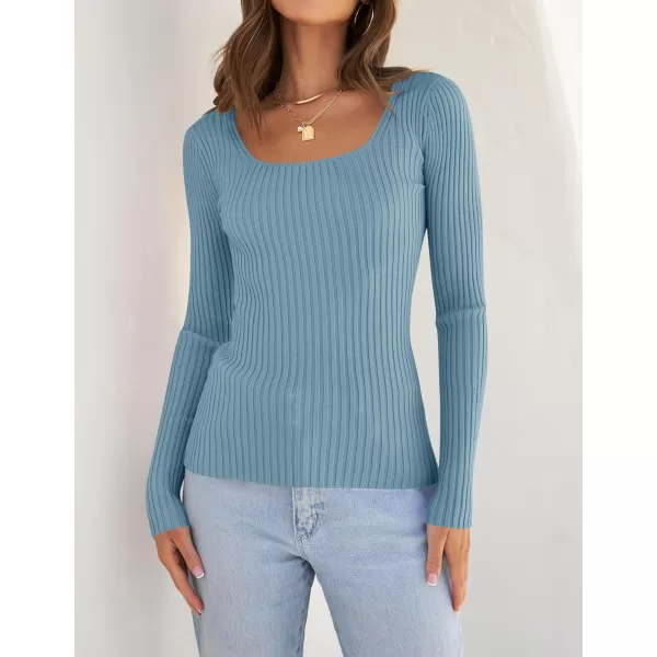ZESICA Womens 2024 Long Sleeve Square Neck T Shirts Slim Fitted Elegant Fall Ribbed Knit Casual Tee TopsSky