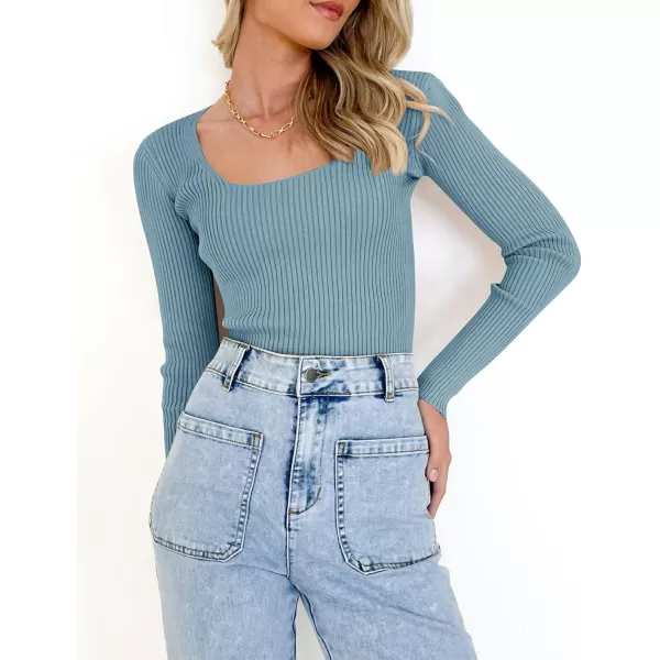 ZESICA Womens 2024 Long Sleeve Square Neck T Shirts Slim Fitted Elegant Fall Ribbed Knit Casual Tee TopsSky