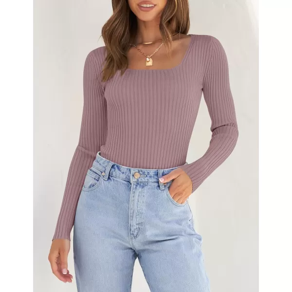 ZESICA Womens 2024 Long Sleeve Square Neck T Shirts Slim Fitted Elegant Fall Ribbed Knit Casual Tee TopsTaro