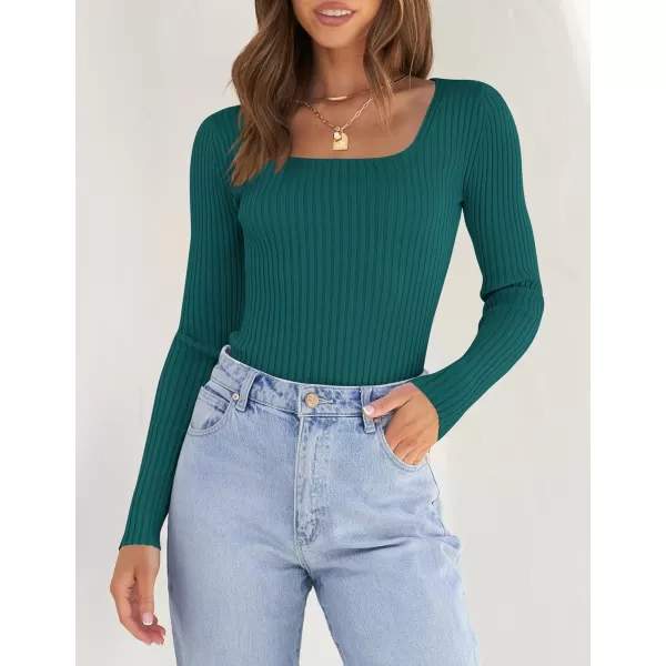 ZESICA Womens 2024 Long Sleeve Square Neck T Shirts Slim Fitted Elegant Fall Ribbed Knit Casual Tee TopsTeal