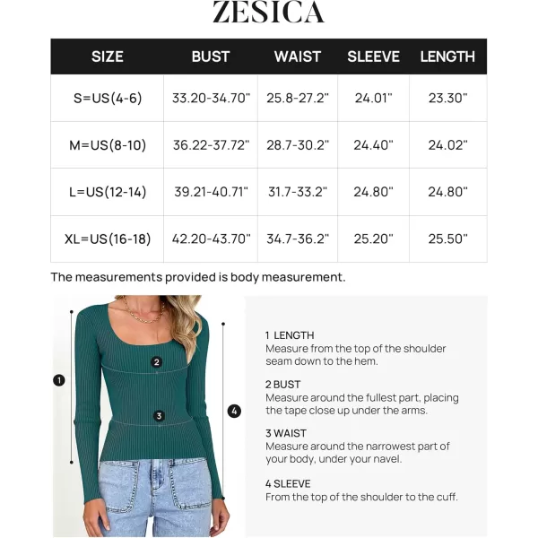 ZESICA Womens 2024 Long Sleeve Square Neck T Shirts Slim Fitted Elegant Fall Ribbed Knit Casual Tee TopsTeal