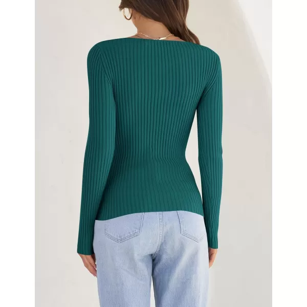 ZESICA Womens 2024 Long Sleeve Square Neck T Shirts Slim Fitted Elegant Fall Ribbed Knit Casual Tee TopsTeal