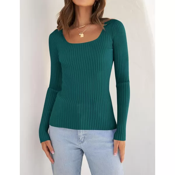 ZESICA Womens 2024 Long Sleeve Square Neck T Shirts Slim Fitted Elegant Fall Ribbed Knit Casual Tee TopsTeal
