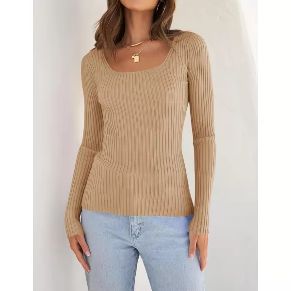 ZESICA Womens 2024 Long Sleeve Square Neck T Shirts Slim Fitted Elegant Fall Ribbed Knit Casual Tee TopsToffee
