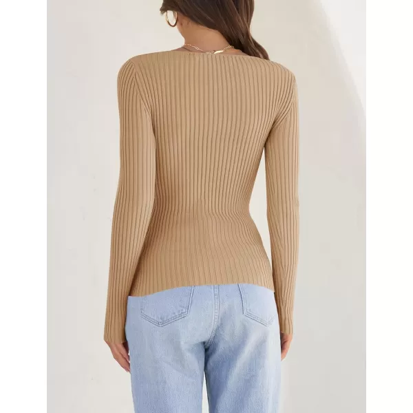 ZESICA Womens 2024 Long Sleeve Square Neck T Shirts Slim Fitted Elegant Fall Ribbed Knit Casual Tee TopsToffee