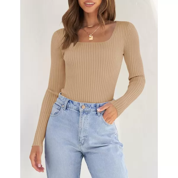 ZESICA Womens 2024 Long Sleeve Square Neck T Shirts Slim Fitted Elegant Fall Ribbed Knit Casual Tee TopsToffee
