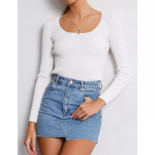 ZESICA Womens 2024 Long Sleeve Square Neck T Shirts Slim Fitted Elegant Fall Ribbed Knit Casual Tee TopsWhite
