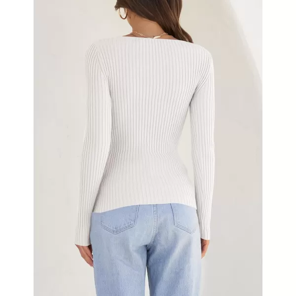 ZESICA Womens 2024 Long Sleeve Square Neck T Shirts Slim Fitted Elegant Fall Ribbed Knit Casual Tee TopsWhite