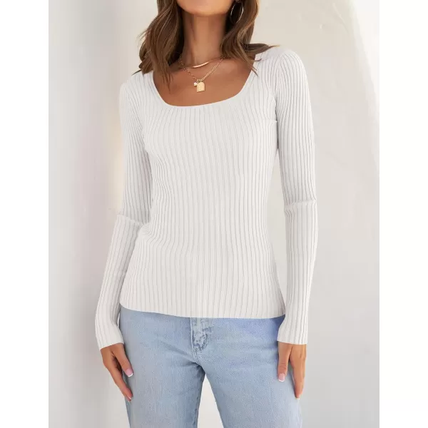 ZESICA Womens 2024 Long Sleeve Square Neck T Shirts Slim Fitted Elegant Fall Ribbed Knit Casual Tee TopsWhite