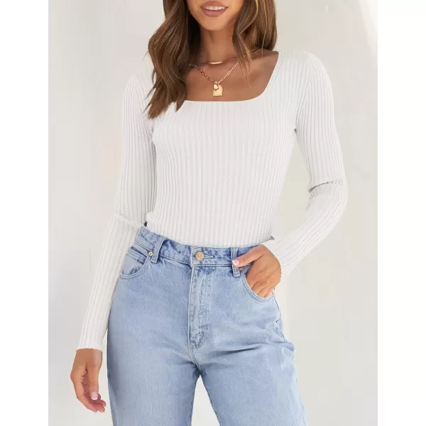 ZESICA Womens 2024 Long Sleeve Square Neck T Shirts Slim Fitted Elegant Fall Ribbed Knit Casual Tee TopsWhite