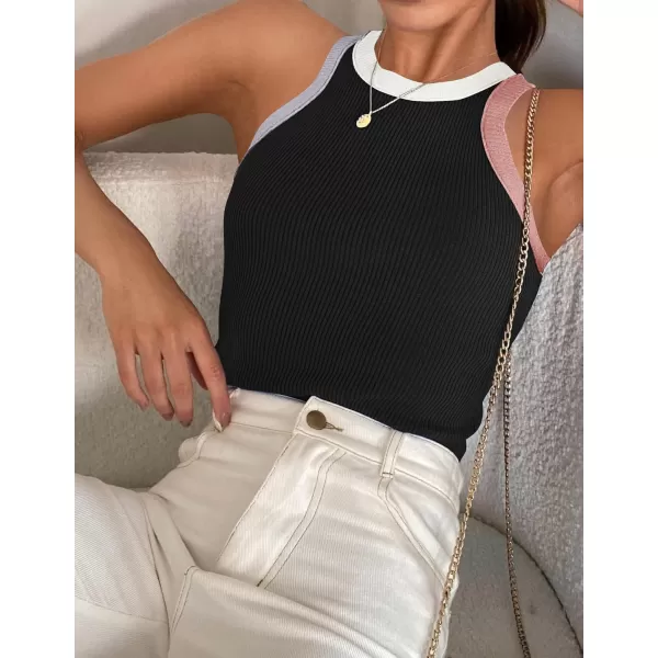 ZESICA Womens 2024 Summer Sleeveless Tank Tops Ribbed High Neck Racerback Slim Fitted Color Block Casual ShirtsBlack
