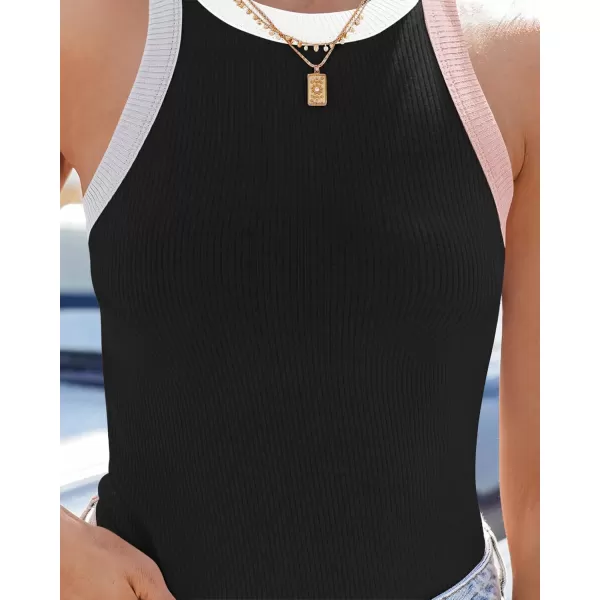 ZESICA Womens 2024 Summer Sleeveless Tank Tops Ribbed High Neck Racerback Slim Fitted Color Block Casual ShirtsBlack