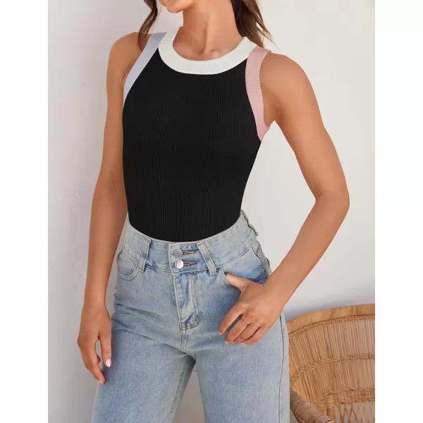 ZESICA Womens 2024 Summer Sleeveless Tank Tops Ribbed High Neck Racerback Slim Fitted Color Block Casual ShirtsBlack