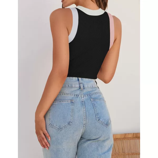 ZESICA Womens 2024 Summer Sleeveless Tank Tops Ribbed High Neck Racerback Slim Fitted Color Block Casual ShirtsBlack