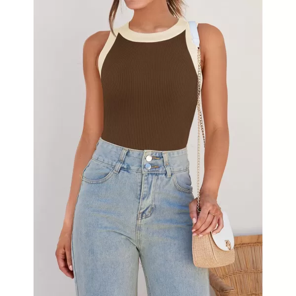 ZESICA Womens 2024 Summer Sleeveless Tank Tops Ribbed High Neck Racerback Slim Fitted Color Block Casual ShirtsBrown